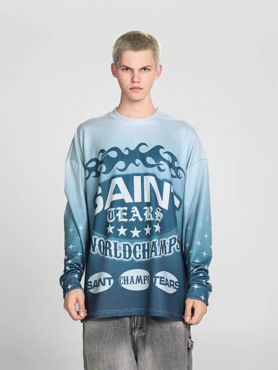 Saint michael tears all-over printed long-sleeved vintage autumn and winter T-shirt Style number: 104 Size: M L XL Wholesale price: 136 Color: green blue